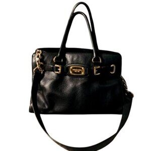 Michael Kors Satchel Hamilton Black Leather Handbag Gold Chain Strap Logo Plate
